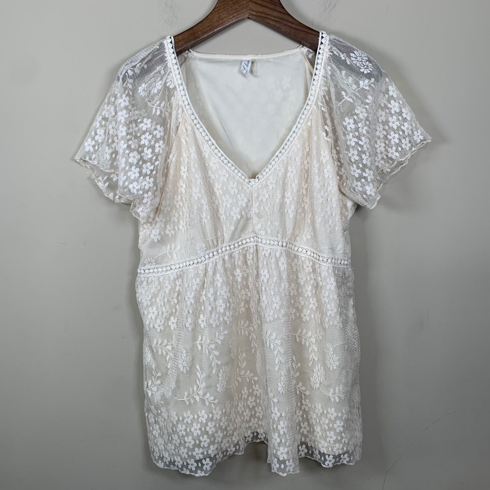 L Love Cream Lace V-Neck Baby Doll Empire Waist Short Sleeve Blouse Size 1XL